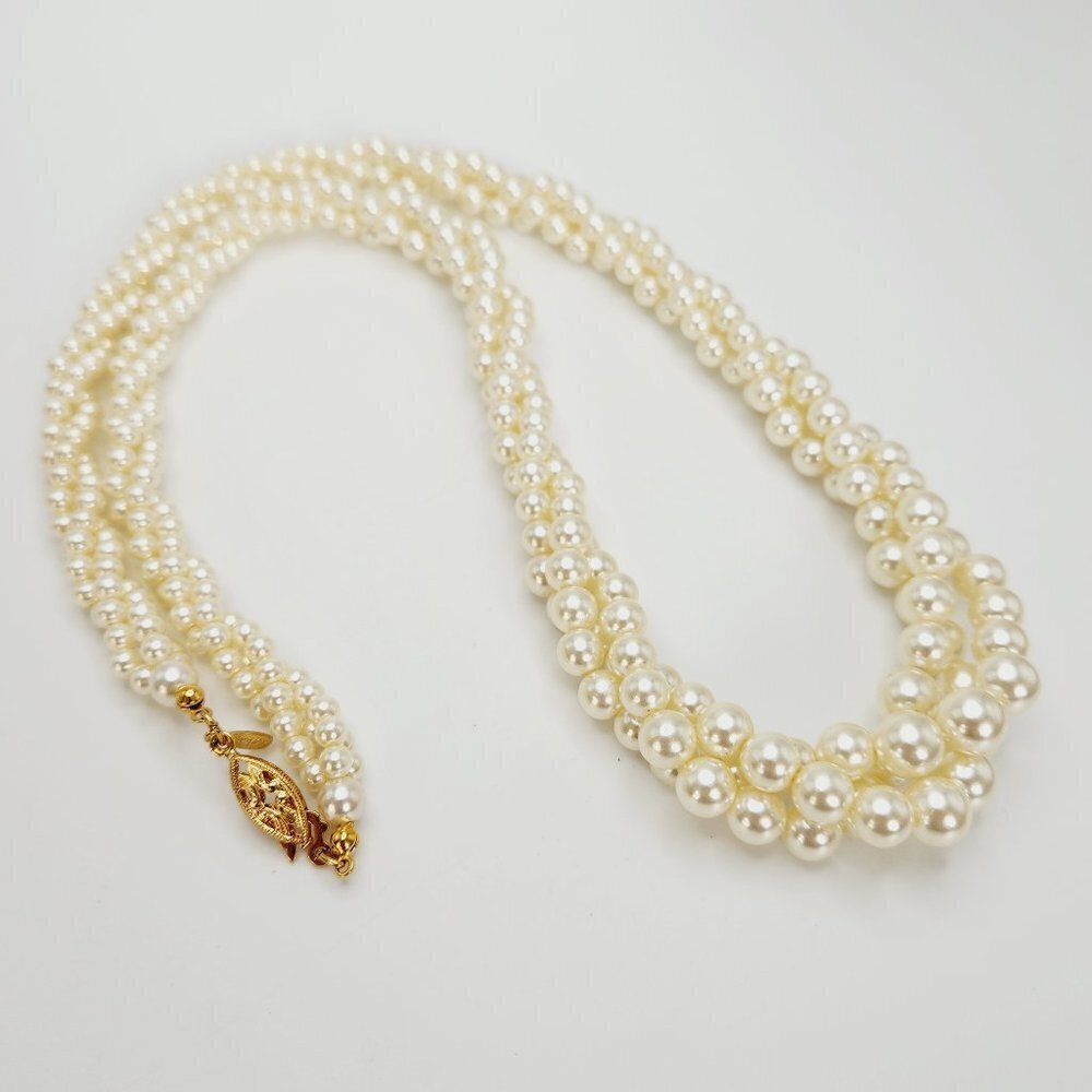 Vintage Napier Faux Pearl Triple Strand Graduating Twisted Classic Necklace